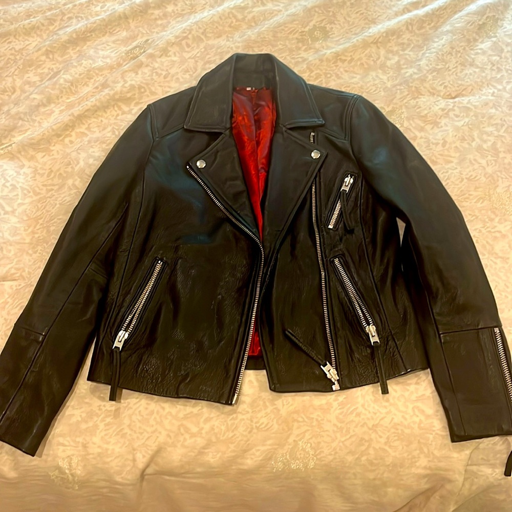 Top Shop sexy leather jacket with silver hardware, red satin interior